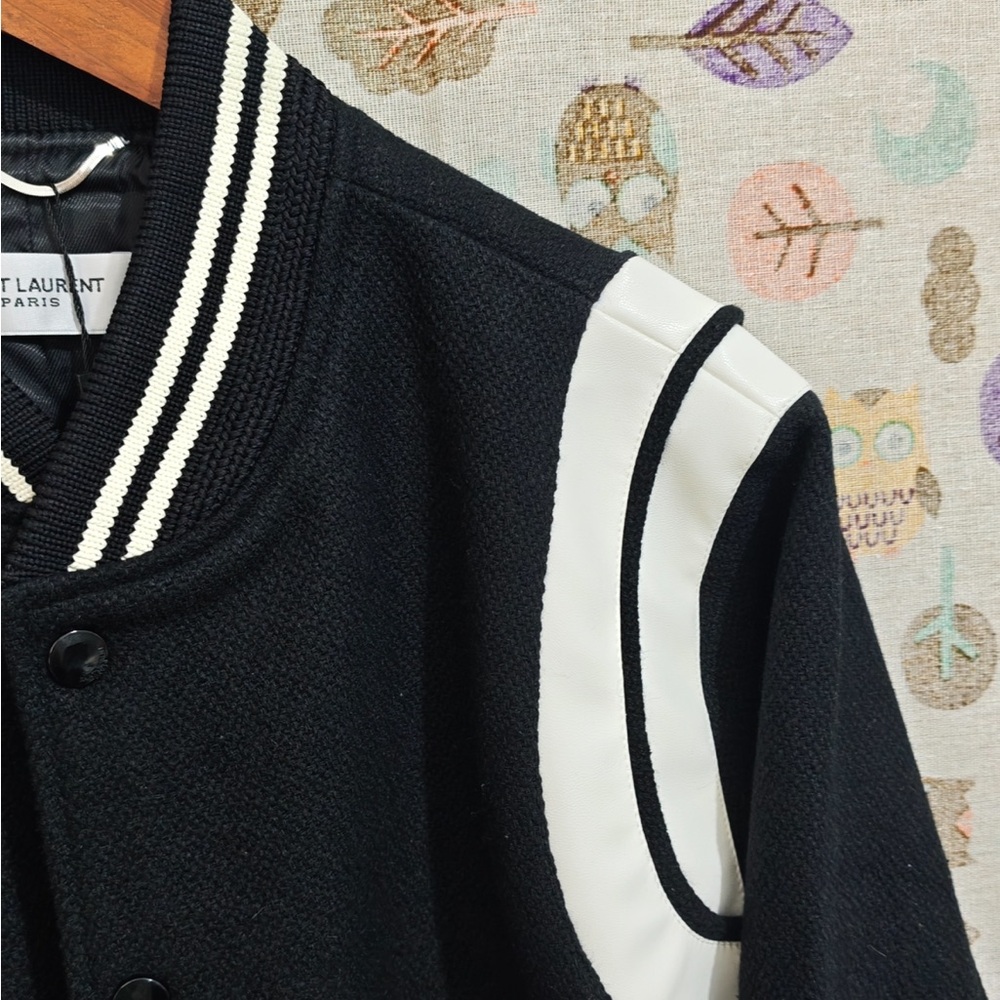 Yves Saint Laurent Black and White Striped Trim Varsity Bomber Jacket - Picture 4 of 13